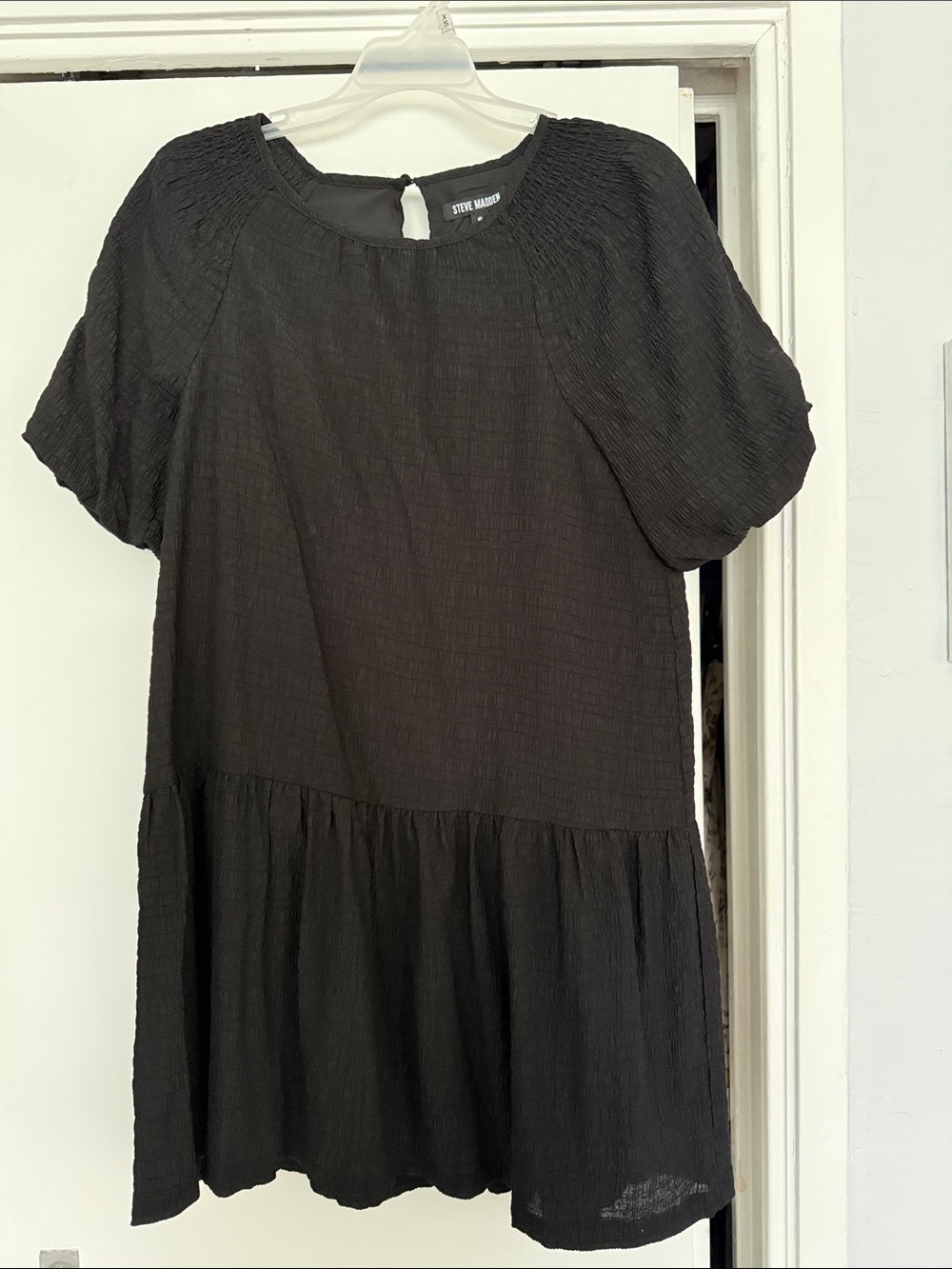 Steve Madden Black Textured Puff-Sleeve Mini Dress